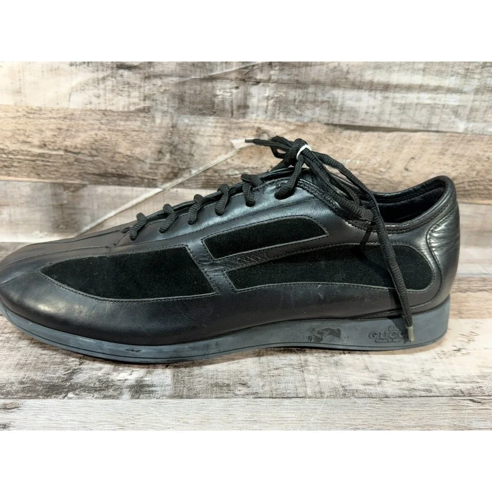 Gucci Leather Low Trainer Black Suede‎ Sneakers 111 6107 Size 9D Made in Italy